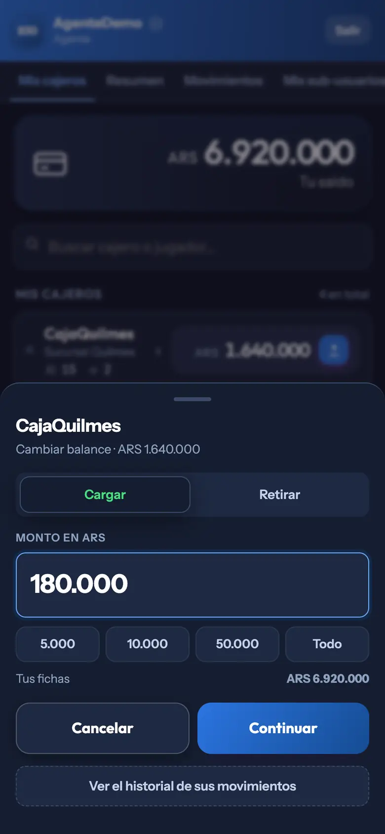 Panel de Bet30: cargando fichas a una caja