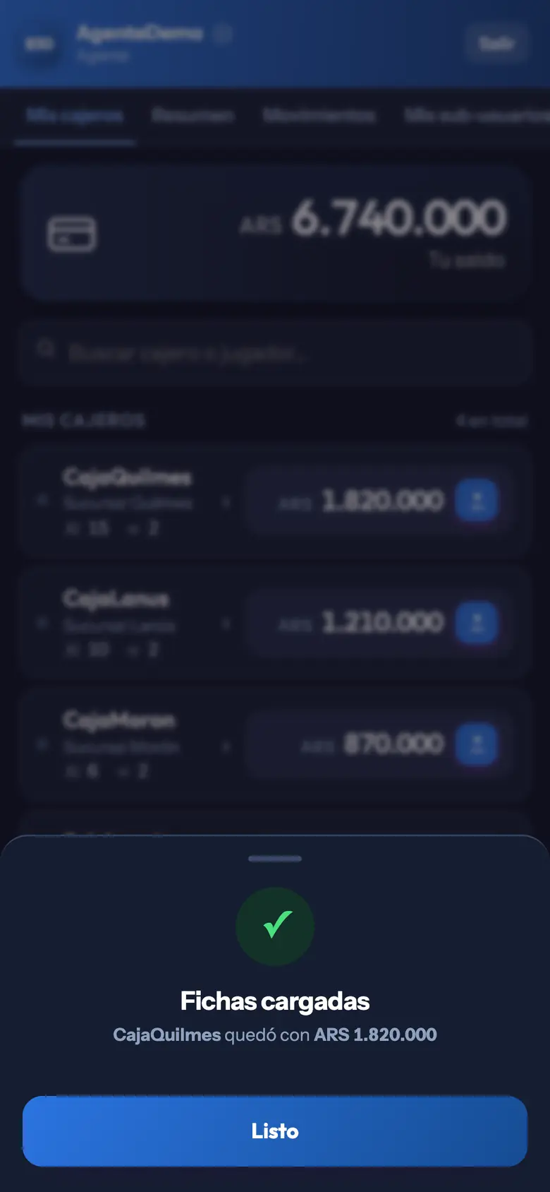 Panel de Bet30: carga confirmada