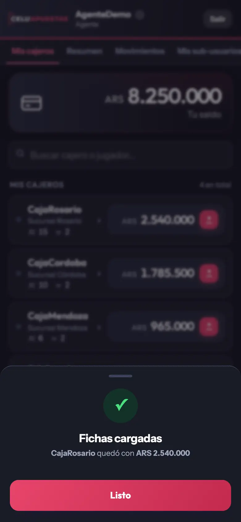 Panel de Celuapuestas: carga confirmada